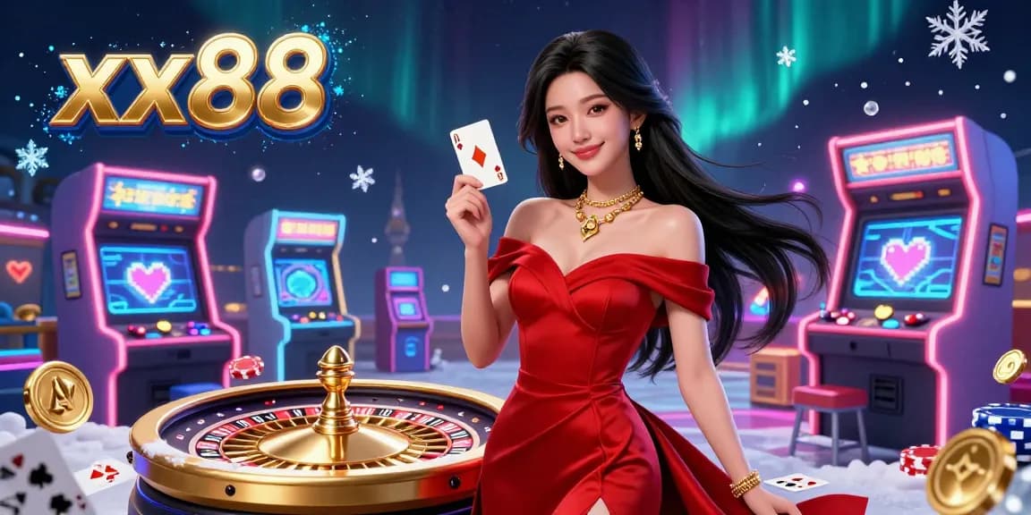 Experience thrilling gameplay at xx88 with a beautiful young woman holding a golden playing card, standing by a roulette wheel.