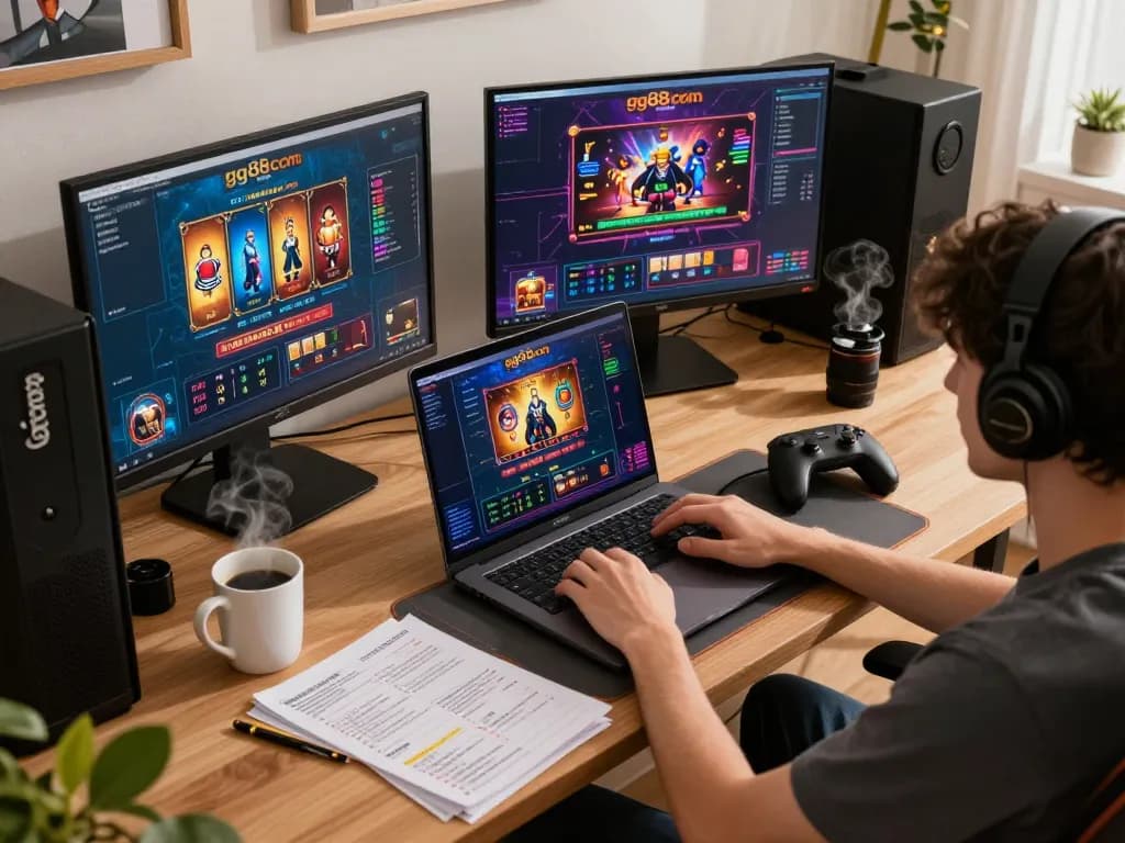 Engaging online gaming experience with gg88 com displayed on a laptop in a cozy setting.