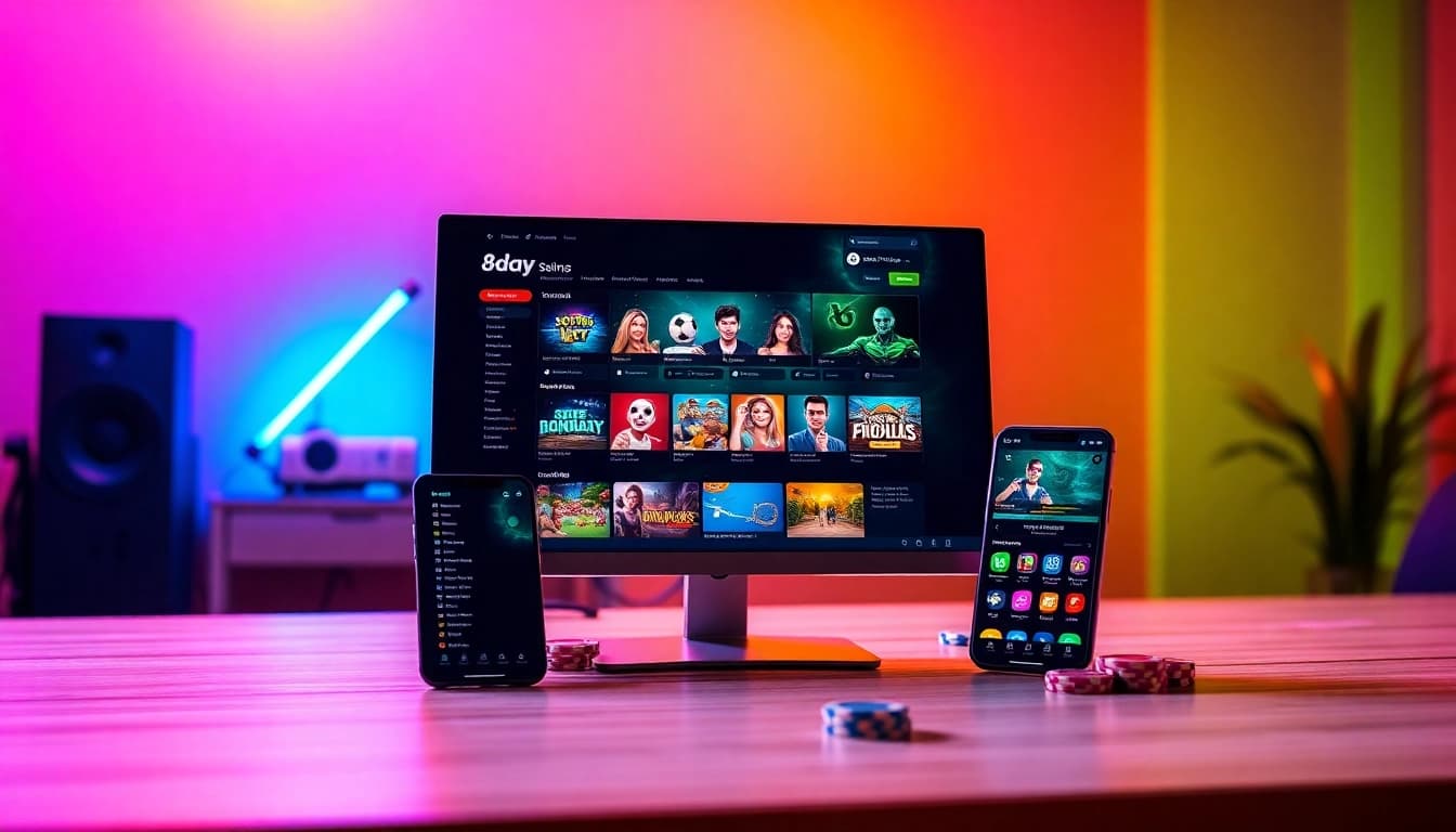 Experience the thrilling world of 8day online gaming with vibrant visuals of various games and modern technology.