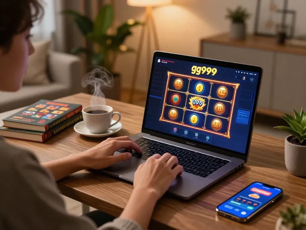 Pemain cerdas menikmati permainan slot menarik di platform gg999 dalam suasana rumah modern.
