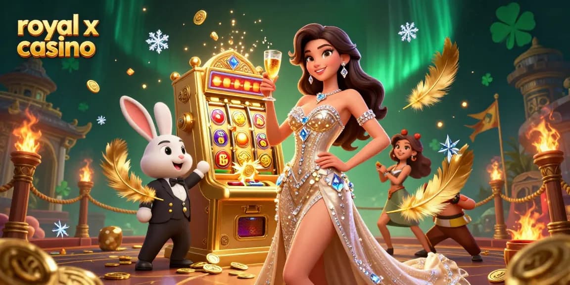 Experience the thrill at royal x casino with a stunning woman toasting by a jackpot slot machine.
