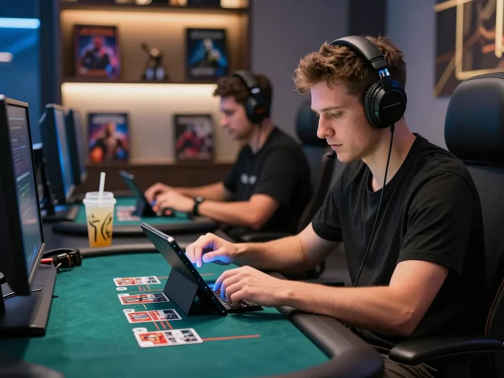Engaging in strategic online blackjack at LV88 with a focused player using tablet