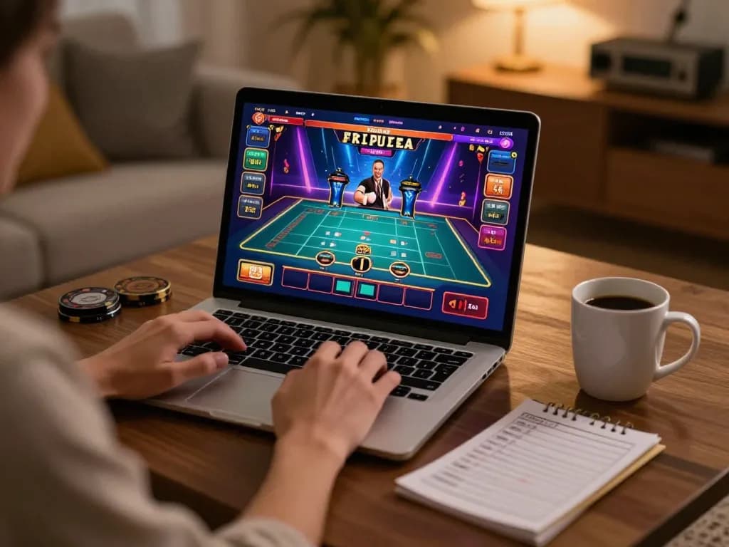 Engaging online gameplay on a laptop showcasing God55, in a cozy home setting with betting tools.