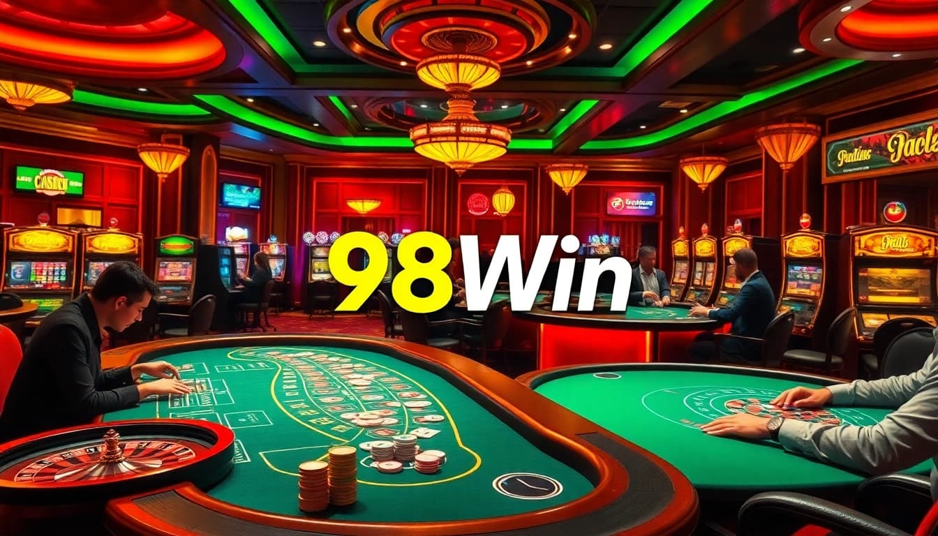 Exciting gambling action at 98Win casino with vibrant tables, poker players, and slot machines.