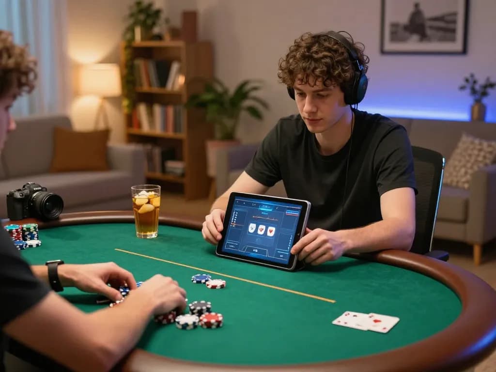 Player enjoying WIN678 poker game on a tablet in a cozy home setup with snacks