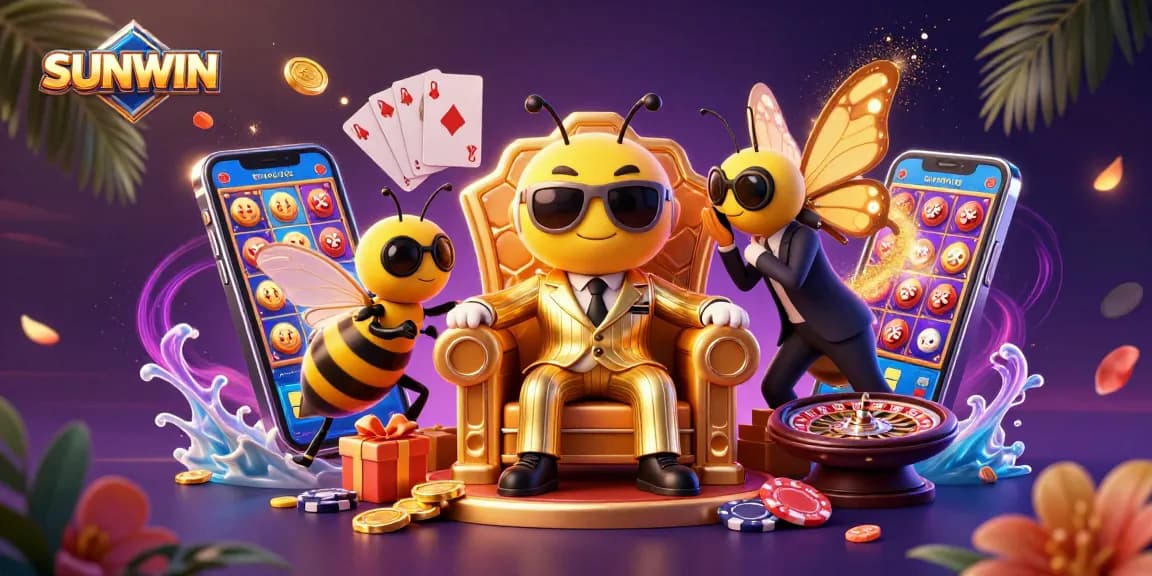 SUNWIN showcases vibrant slot games with a bumblebee mob boss in a bustling casino scene.