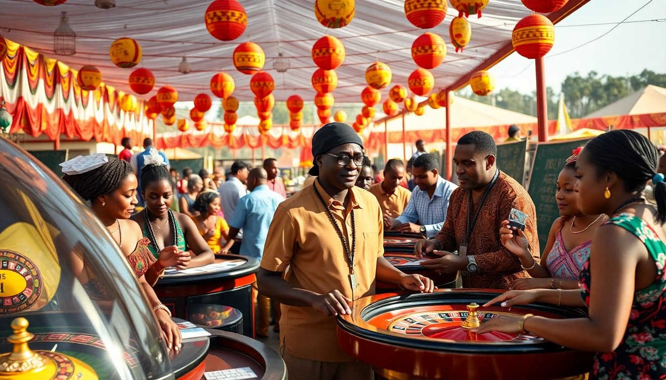 African gambling news highlights players enjoying diverse games in a bright outdoor casino.