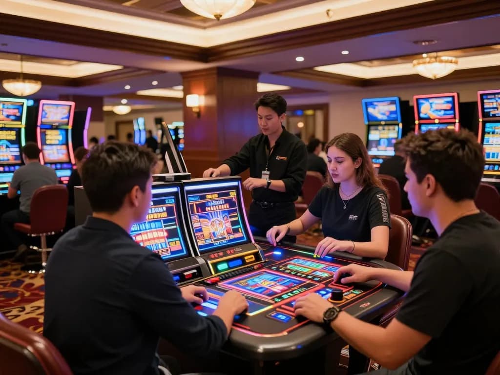 Players enjoying the fast-paced octaslot games at a modern casino, with vibrant lighting and engaging atmosphere.
