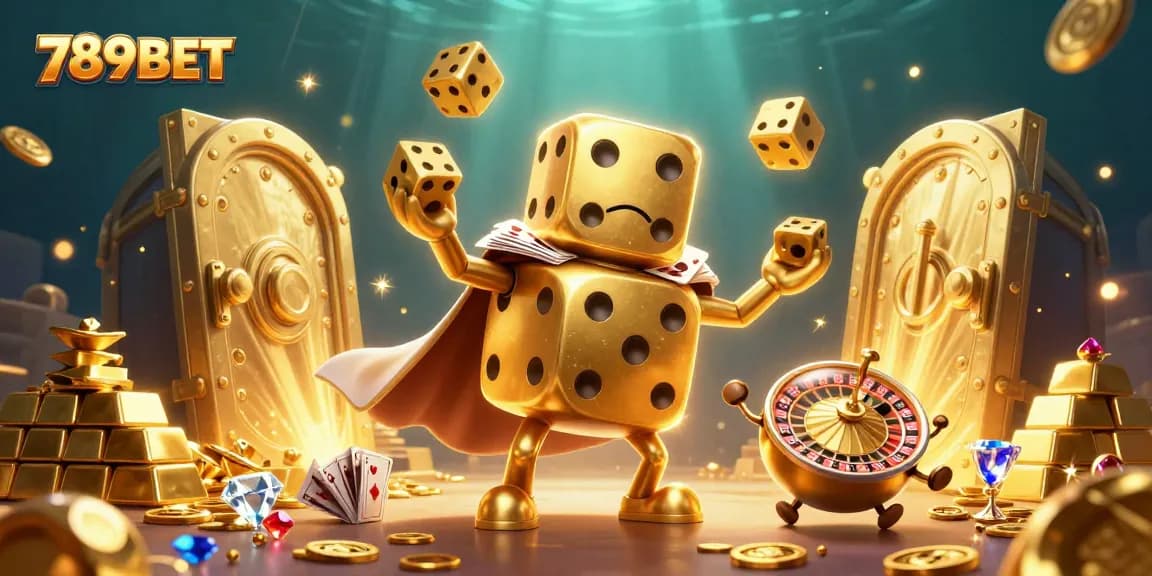 Engage with 789BET's lively casino scene featuring a golden dice golem and treasure bursts for exciting gameplay.