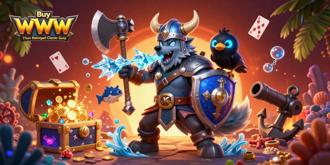 Buy WoW Titan Reforged Classic Gold with Viking wolf warrior and dragon amidst dynamic casino-themed elements.