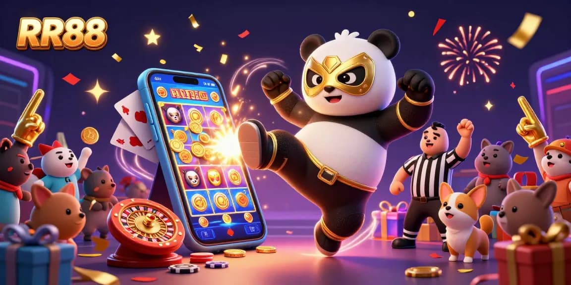 RR88 engages users with a vibrant 3D slot game scene featuring a panda wrestler and festive energy.