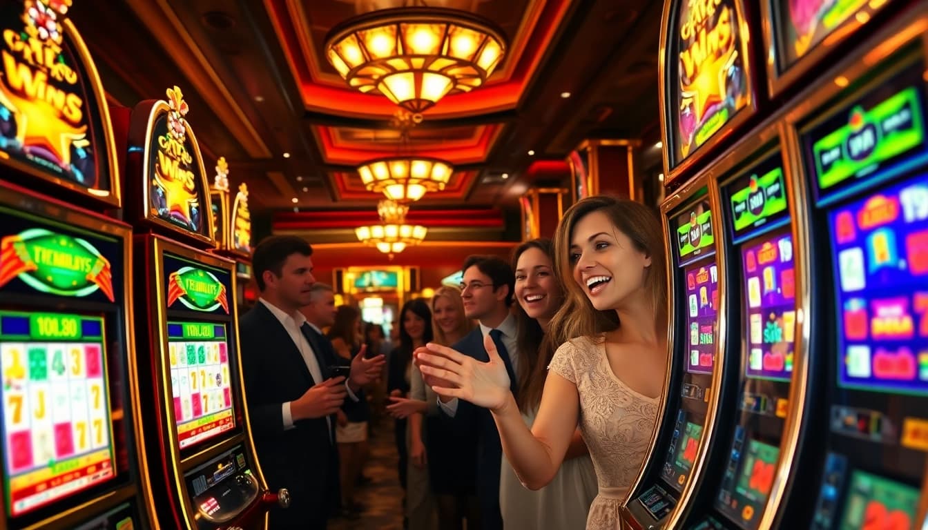 Players enjoying the excitement of slot machines at a vibrant casino venue.