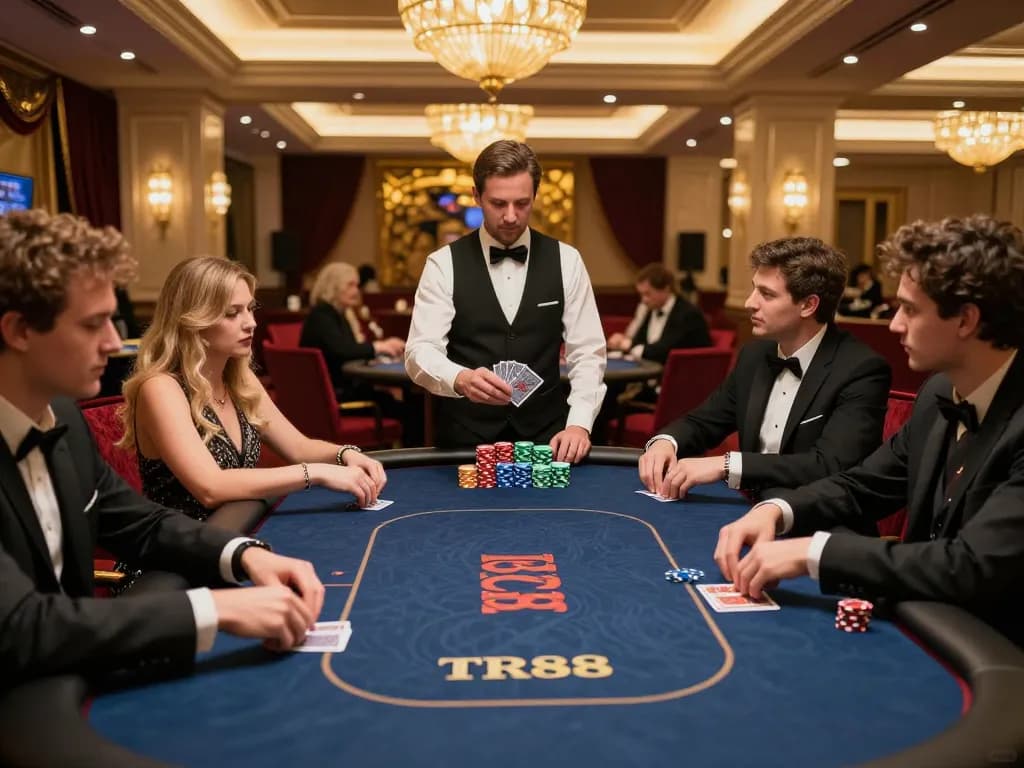 Players at TR88 casino engaged in an intense poker game, showcasing strategy and excitement