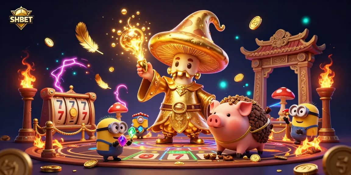 SHBET transforms the gaming experience with a magical illustration depicting fun casino elements and treasures.