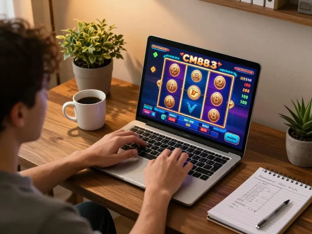 Player enjoys thrilling slot games on CM88 while using a laptop in a cozy home setting.