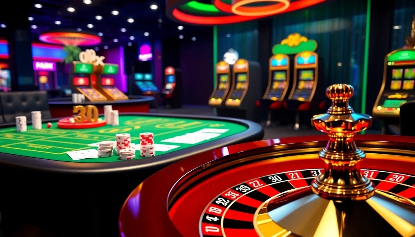 Experience thrilling online gaming at XX88 COM with luxurious tables, vibrant poker chips, and exciting slot machines.