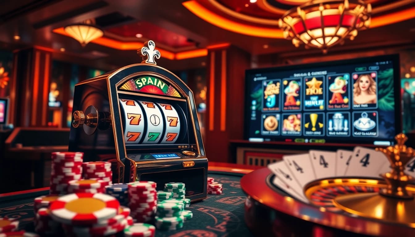 Pemain merayakan kemenangan besar di mesin slot dalam suasana kasino mewah.