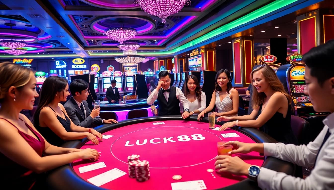 Experience the excitement of LUCK88 with vibrant gaming tables and engaged players in a luxurious casino.