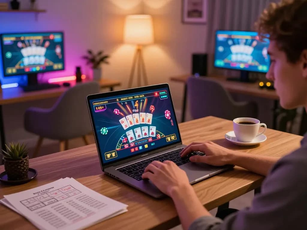 Xocdiaclub player engaging in thrilling live dealer game online from home office.