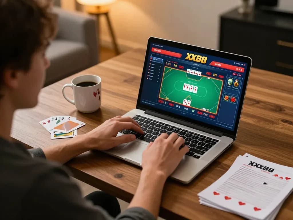 Engaging online gaming setup featuring XX88 interface on laptop with player strategizing.