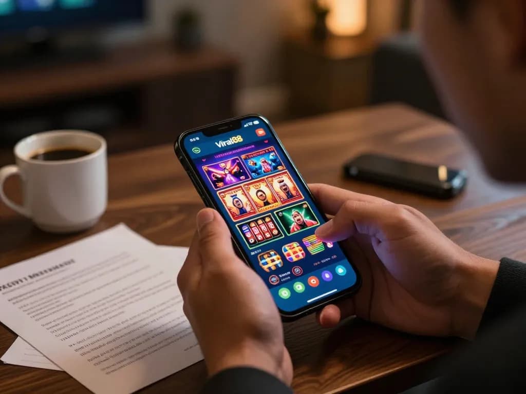 Engaging with the viral88 casino app on a smartphone in a cozy home setting while practicing responsible gaming.