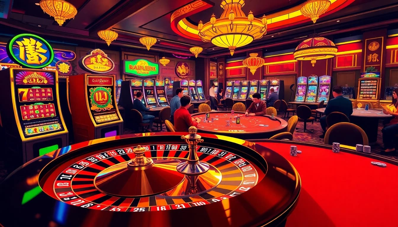 Experience the excitement of Raja Luck at an opulent casino, featuring roulette, slot machines, and vibrant players.