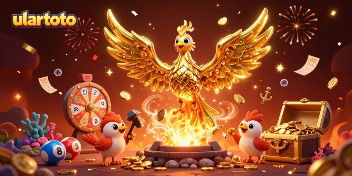 Experience winning with ulartoto as a golden phoenix symbolizes wealth in a vibrant lottery-themed scene.