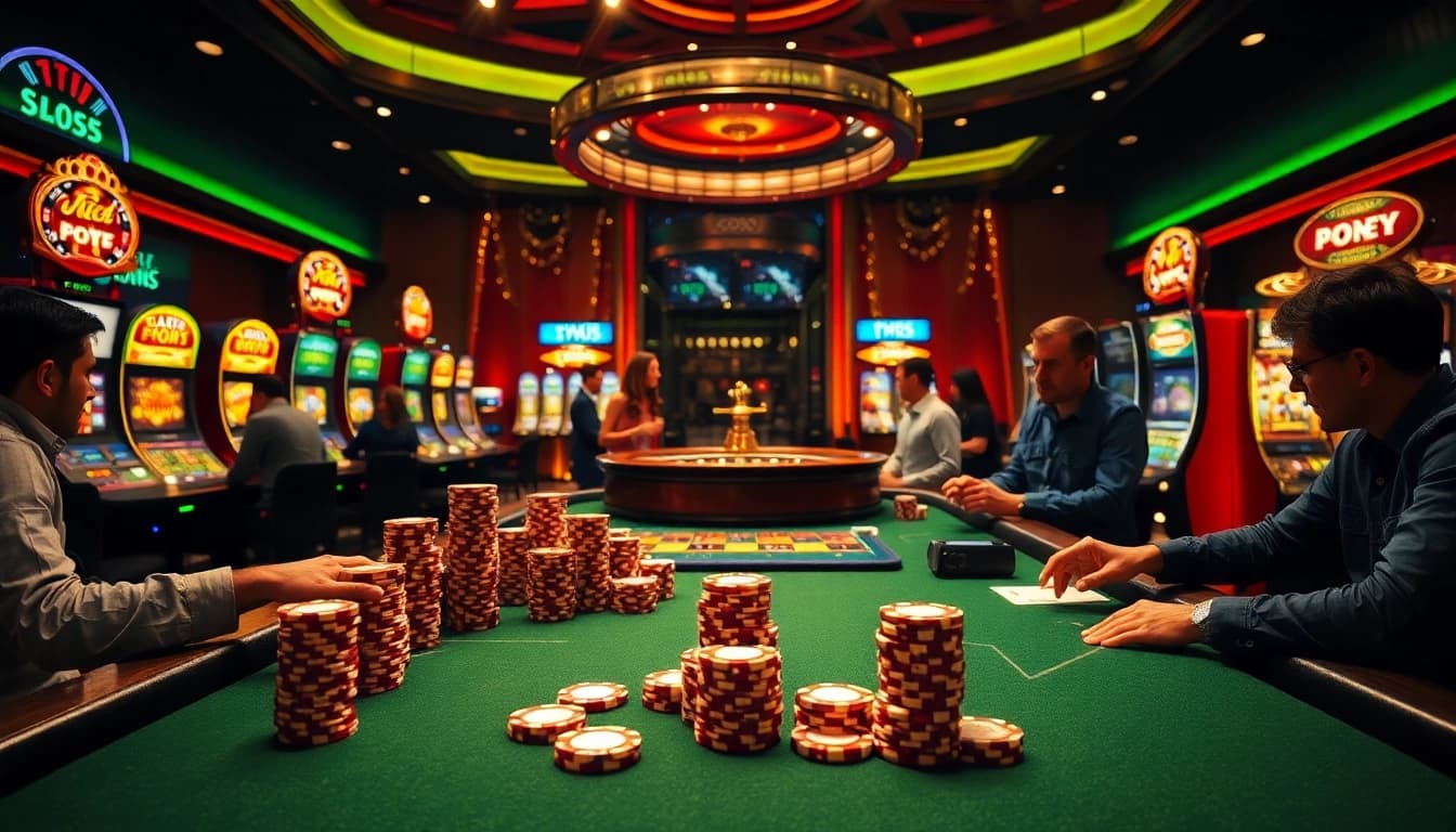 Exciting gambling atmosphere at XX88 with poker chips and vibrant slot machines.