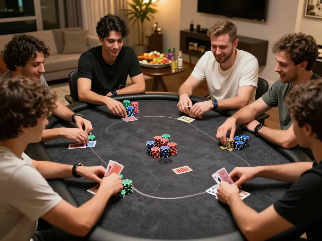 Engaging poker players strategizing to win at slot gacor hari ini game in a cozy home atmosphere