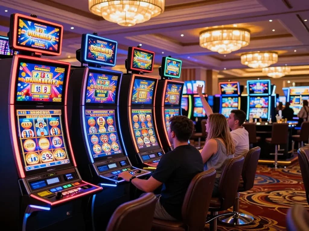 Players celebrating wins on colorful slot machines at dinamit4d casino scene