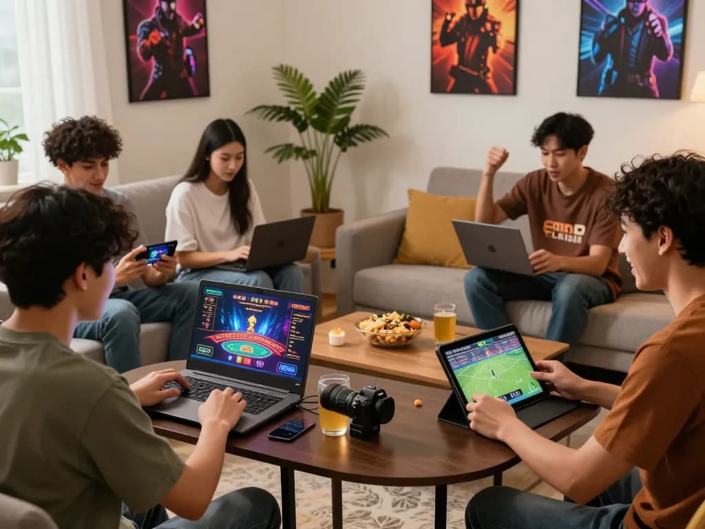 Engaging gaming environment with OPEN88 COM where players enjoy casino games on laptops and tablets in a vibrant living room.