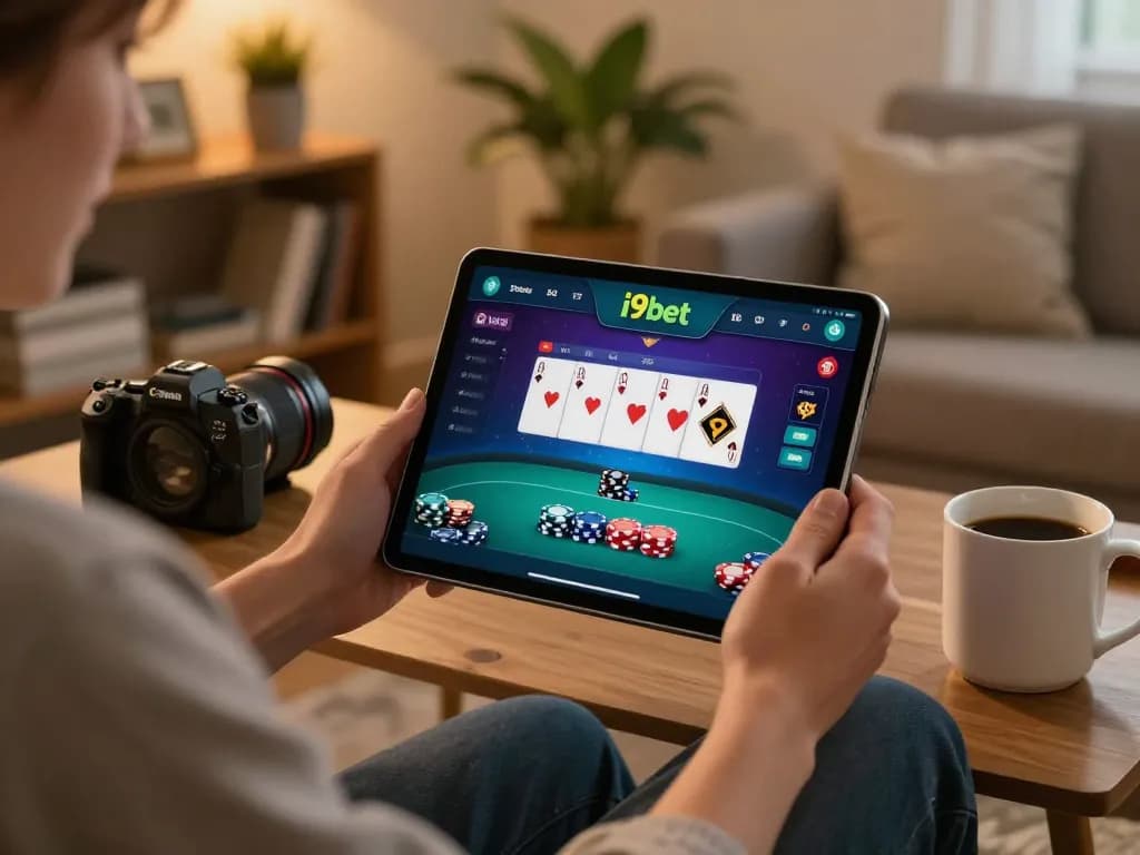 Engaged player using i9bet app for online poker strategy in a cozy setting.