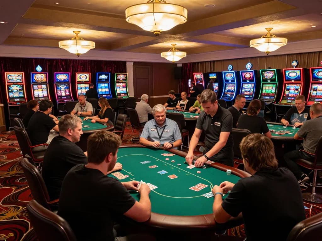 Pemain di kasino westsrestaurant bersorak saat mereka bergabung dalam permainan poker yang meriah, menunjukkan permainan strategis dan suasana yang hidup.