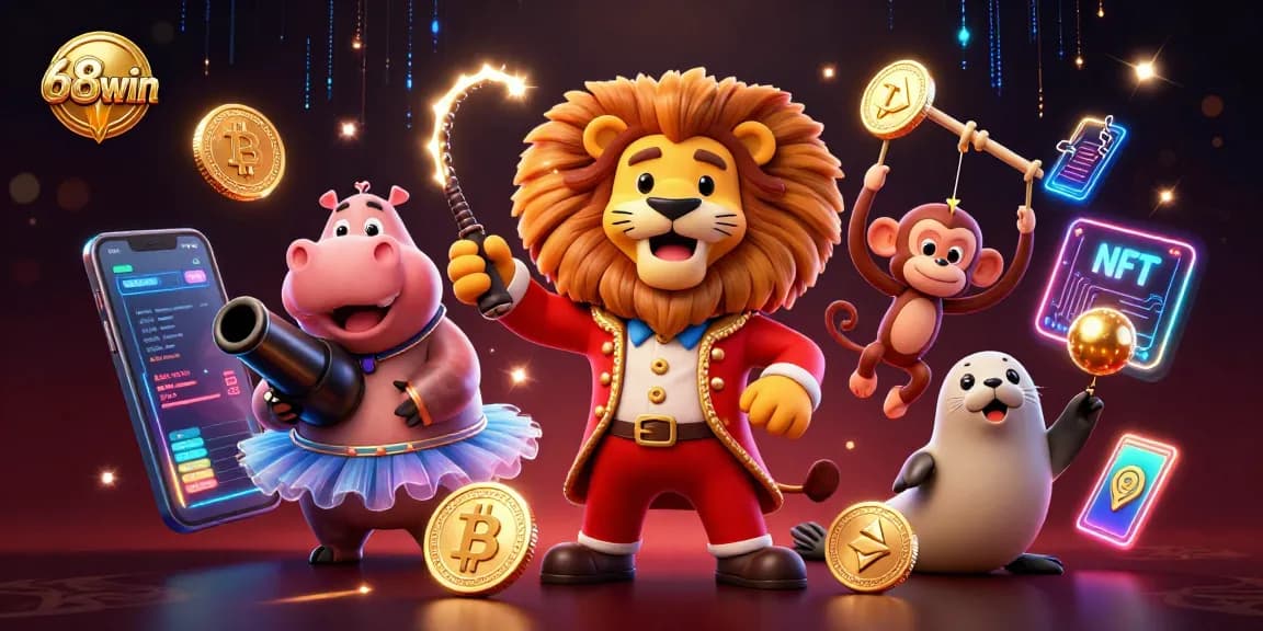 Engage with exciting games at 68win while celebrating with vibrant characters and crypto elements.