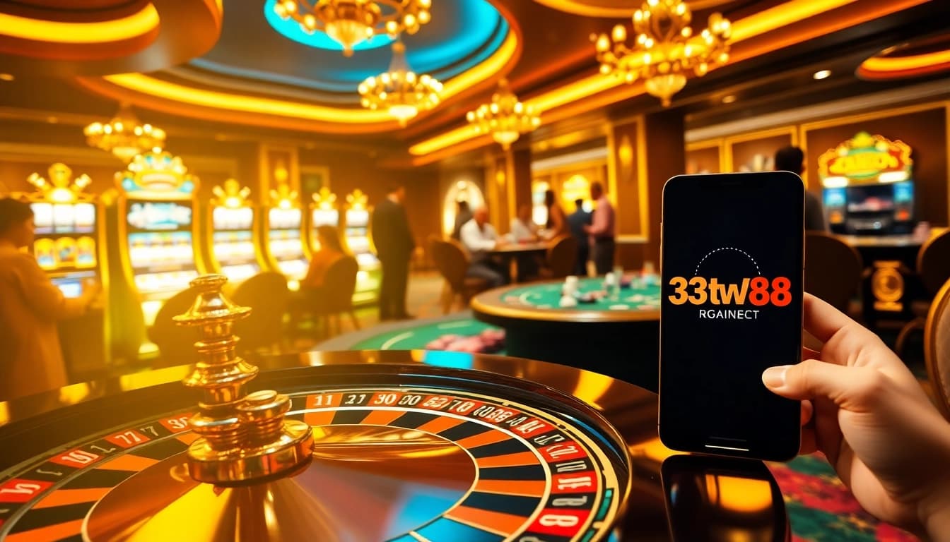 Suasana menarik di kasino yang menampilkan logo 33win68 di smartphone di tengah lingkungan permainan yang ramai.