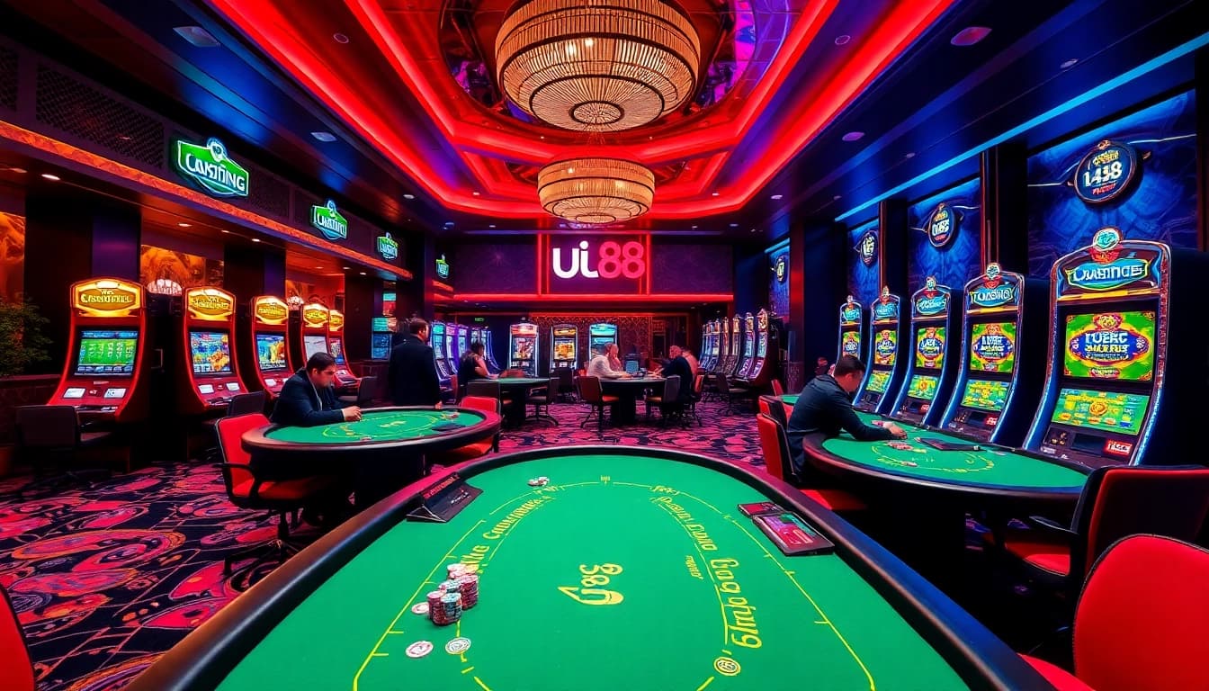 Players enjoying the thrilling experience of uu88 casino games with colorful slots and vibrant tables.