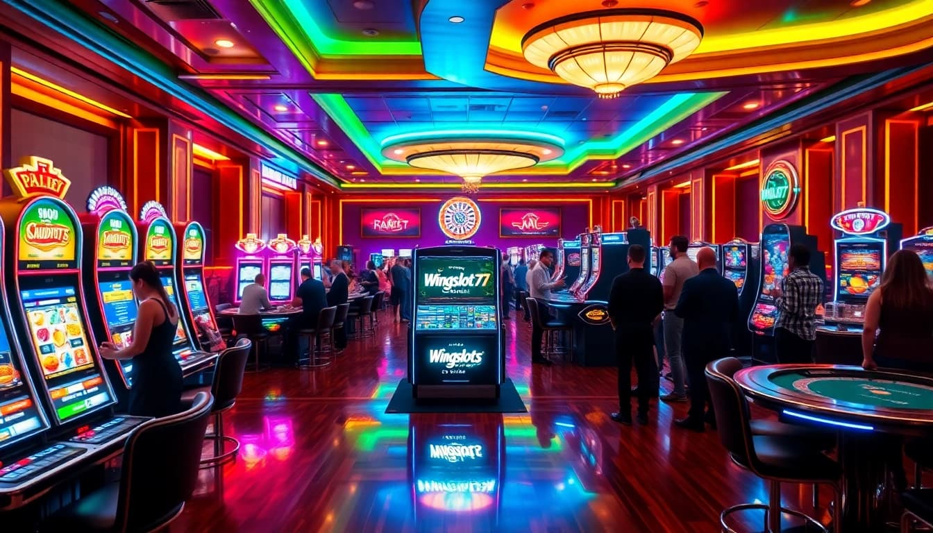 Winning big at Wingslots77 in a vibrant casino setting with modern slot machines and gaming tables.