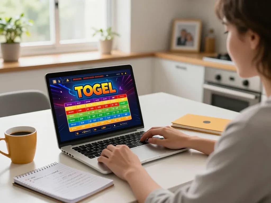 Engaged player enjoying togel online on a laptop at home with strategy notes beside.