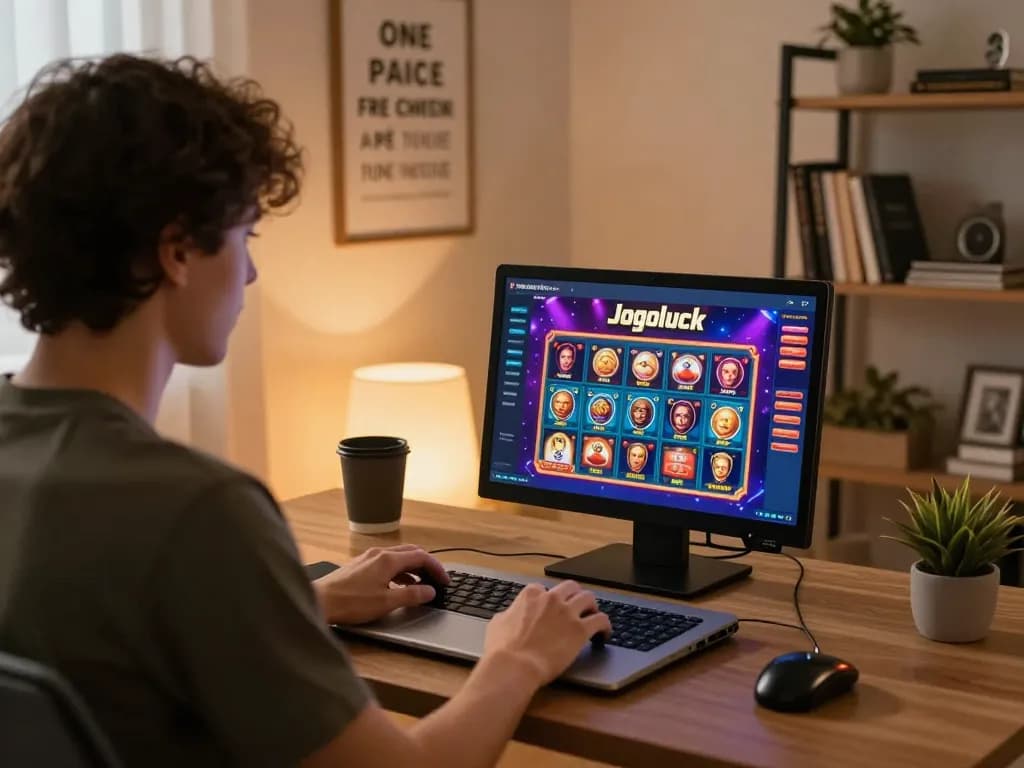 Engaging online gaming experience on Jogoluck as player enjoys vibrant casino interface from home.
