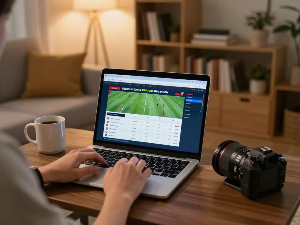 Engaged player reviewing kèo nhà cái live odds on laptop in a cozy home setting