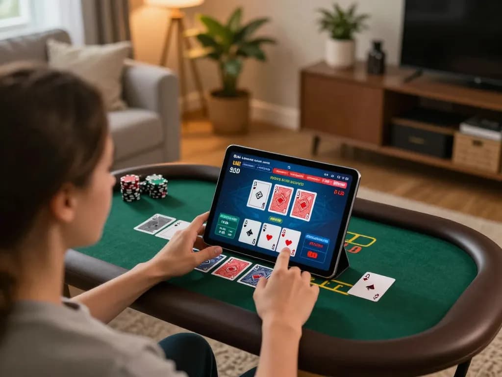 Pemain santai menikmati blackjack dealer langsung AMAN333 di tablet dalam suasana rumah yang nyaman.