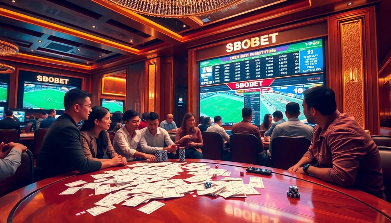 SBOBET's Judi Bola Resmi betting action at an elegant casino with lively gamers and vibrant betting slips.