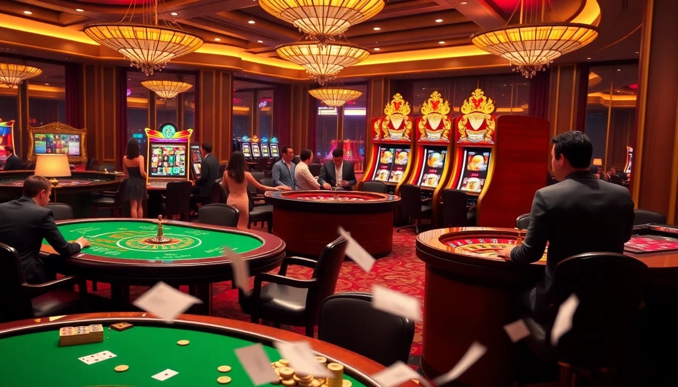 88vv players enjoying a luxurious casino experience with engaging poker games and vibrant slot machines.