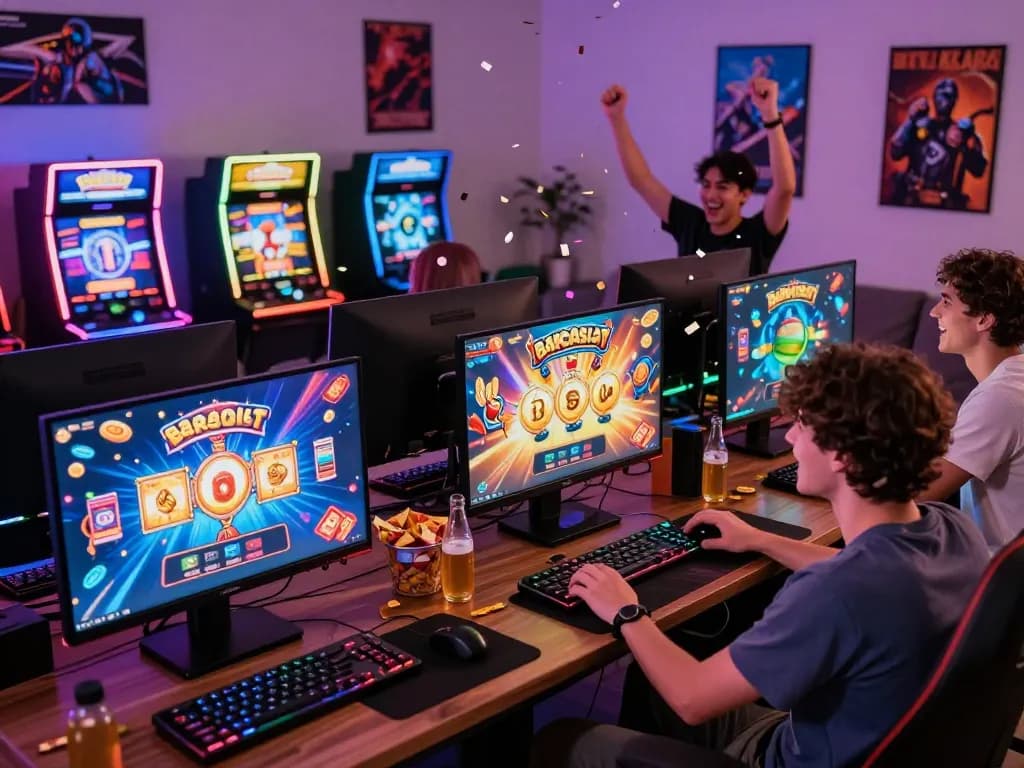 Friends enjoying Barcaslot online gaming experience with colorful screens and snacks in cozy setting.