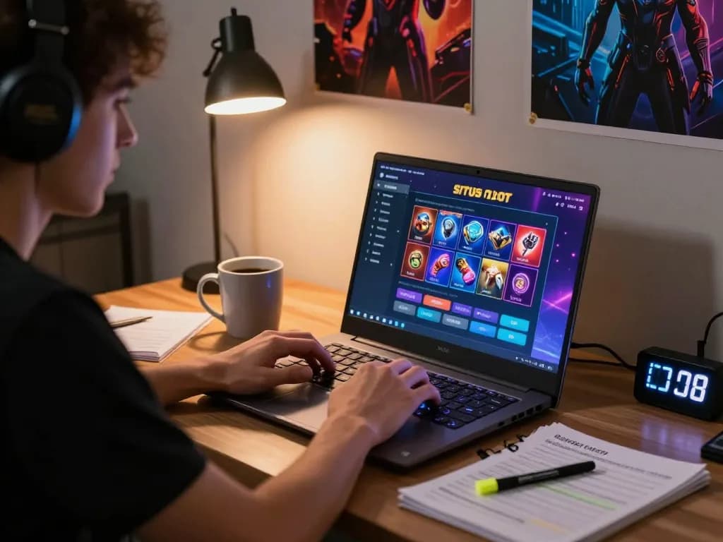 Engaging with situs slot online on a laptop, equipped with strategy notes and responsible gaming controls.
