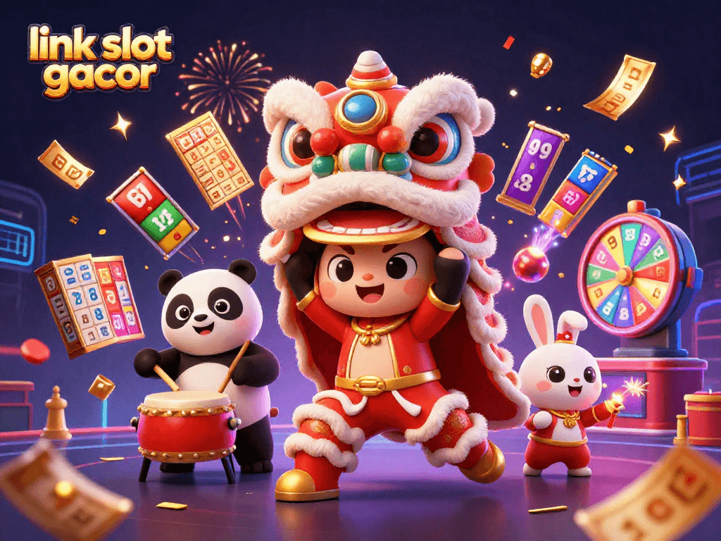 Experience excitement with link slot gacor, featuring lively characters in a vibrant casino celebration.
