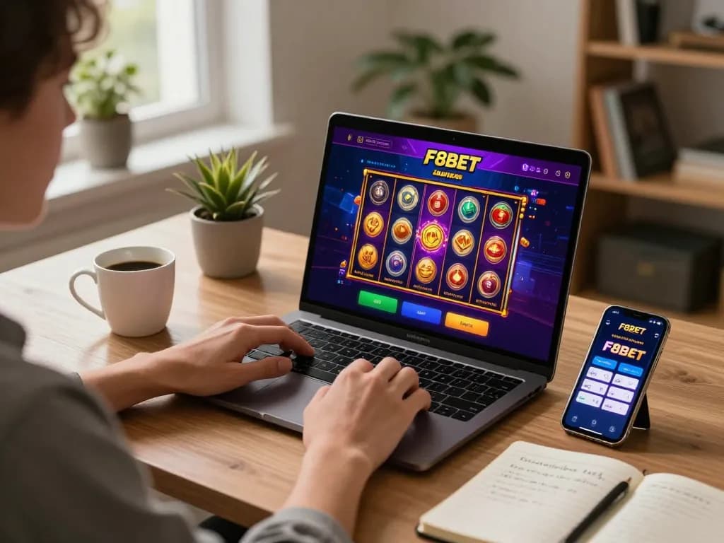 Player enjoying F8BET online casino gaming on a laptop, vibrant slot game on screen, cozy home setup.