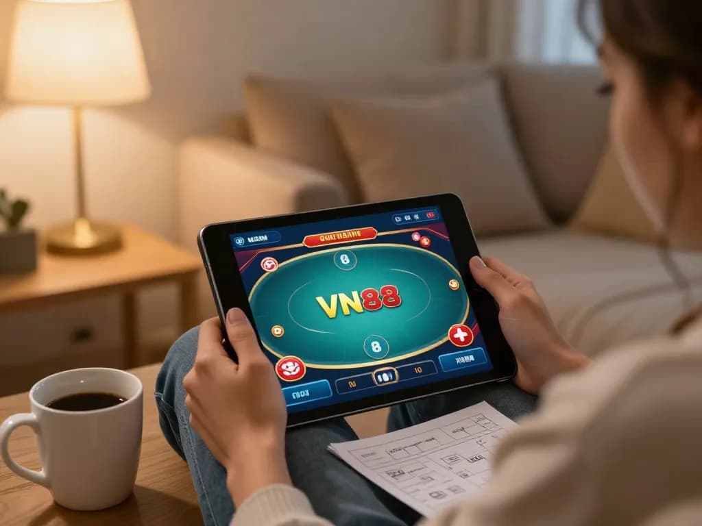 Experience thrilling online poker gameplay with VN88 on a tablet in a cozy home setting.
