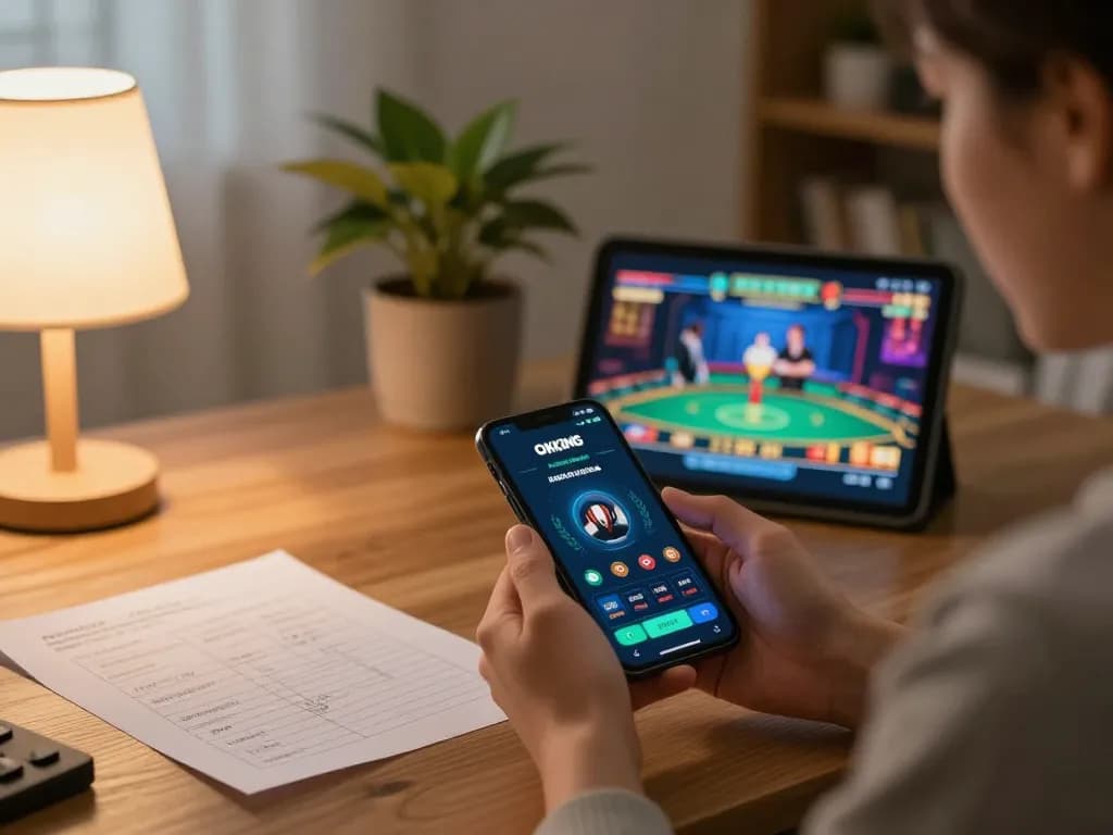 Player enjoying OKKING mobile casino app in a cozy home setting while tracking bets