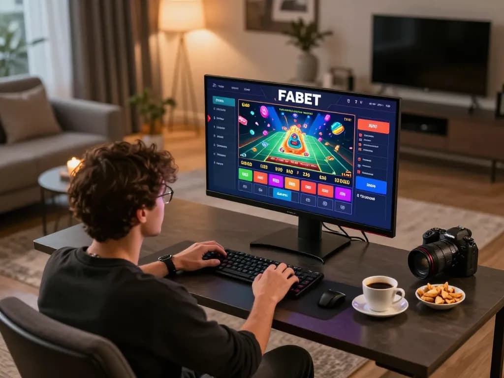 Engaging online gambling experience at FABET with a player focused on game strategy in a modern living room.